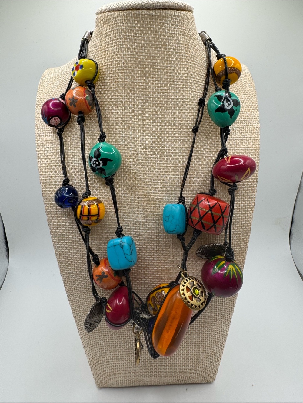 Boho Multi-Bead Necklace with Turquoise, Orange & Red Accents
